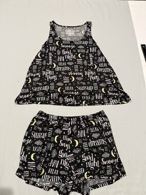 JOYSPUN Women 2-Piece Black Tank & Shorts Lounge Set Graphic Sleep Print S